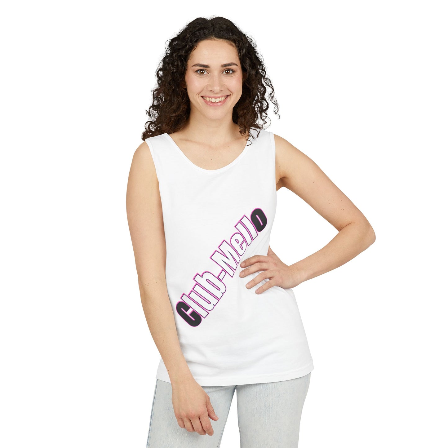 Club Melo vertical logo Tank Top | retro purple outline text