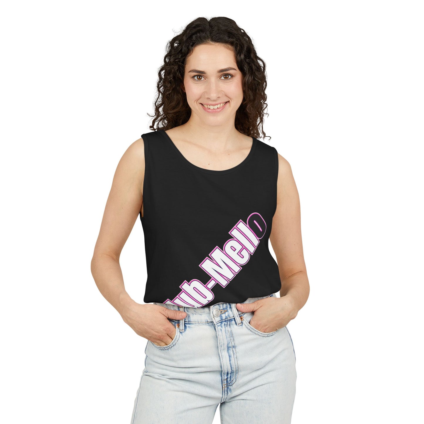 Club Melo vertical logo Tank Top | retro purple outline text