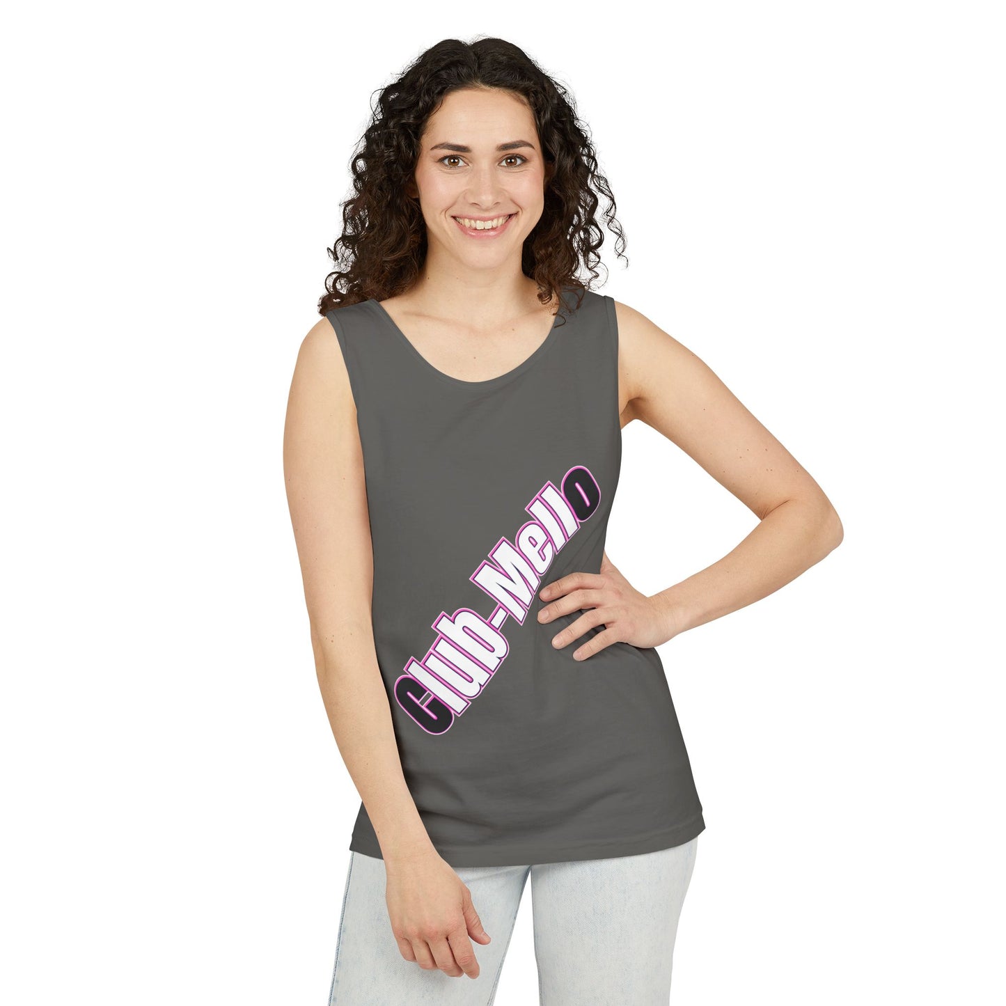 Club Melo vertical logo Tank Top | retro purple outline text