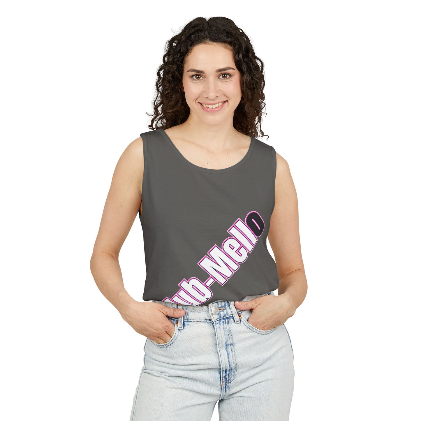 Club Melo vertical logo Tank Top | retro purple outline text