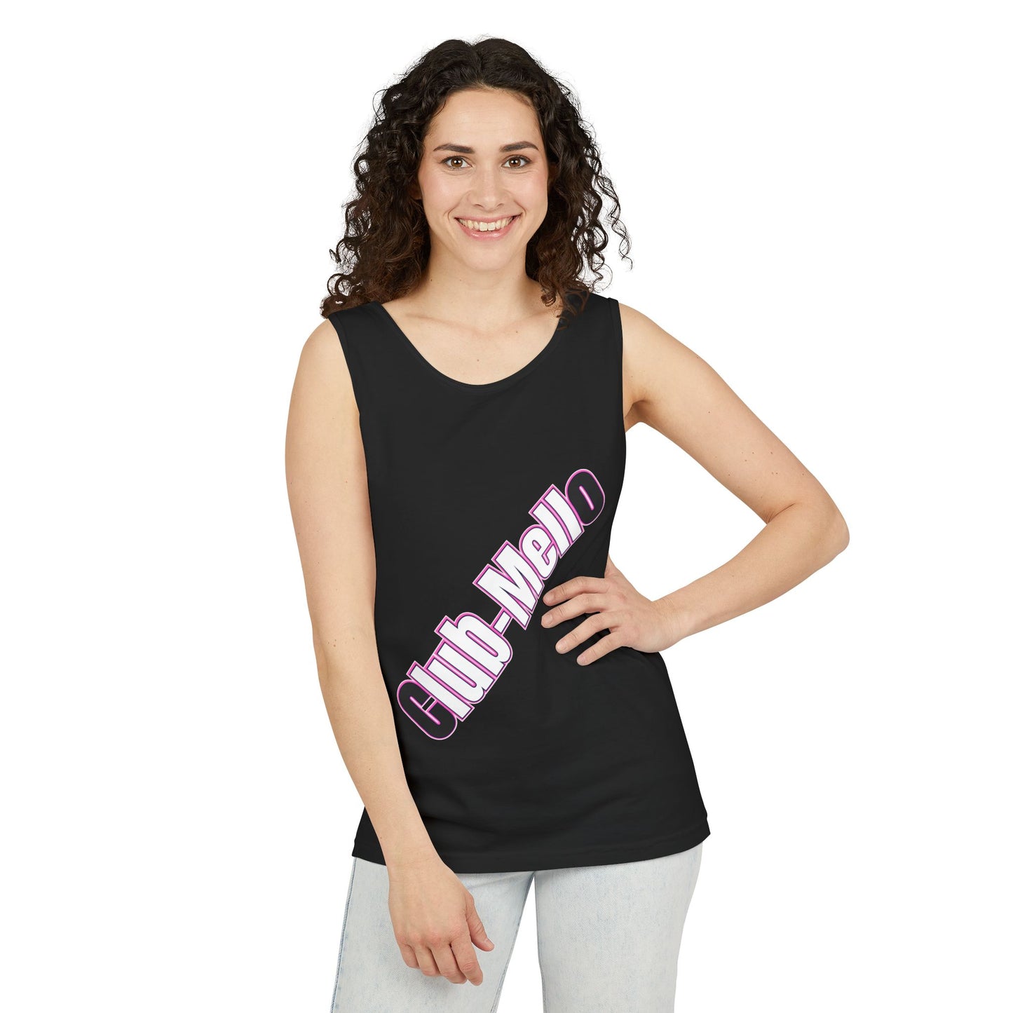 Club Melo vertical logo Tank Top | retro purple outline text
